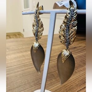 Alexis Bittar Taupe Lucite, Gold with Crystal Leaf Pierced Earrings. New.